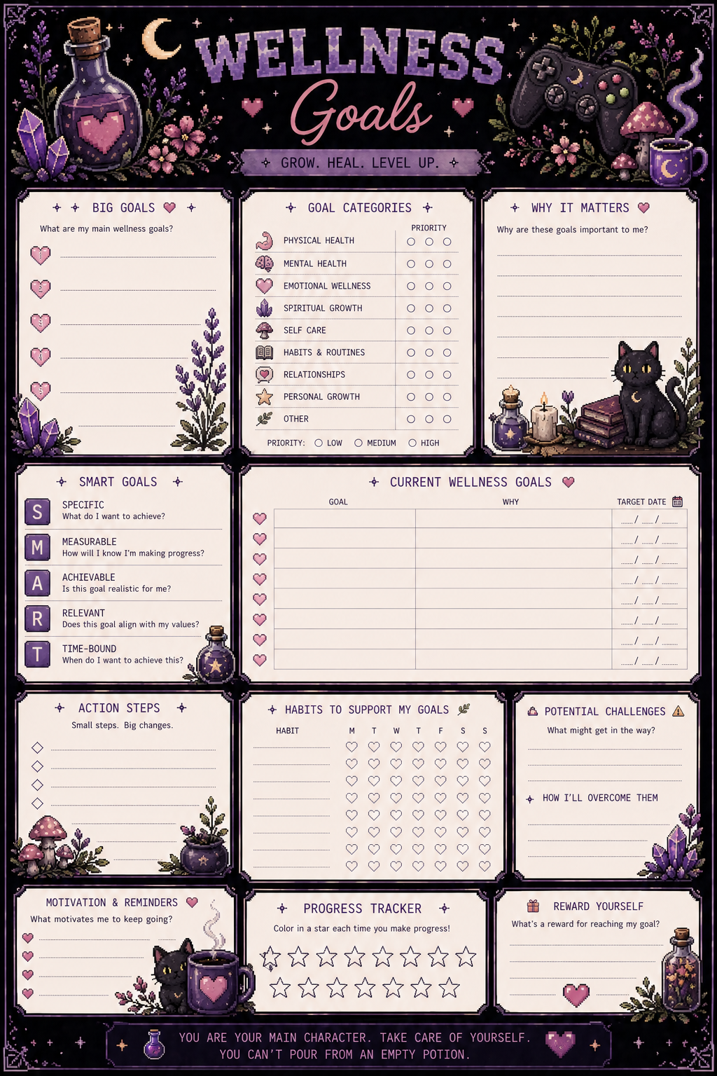 Witchy Gamer Herbal Planner Bundle | Magical Self-Care Printable | Herbal Daily Tracker | Wellness Journal | Cozy Pixel Goth Planner
