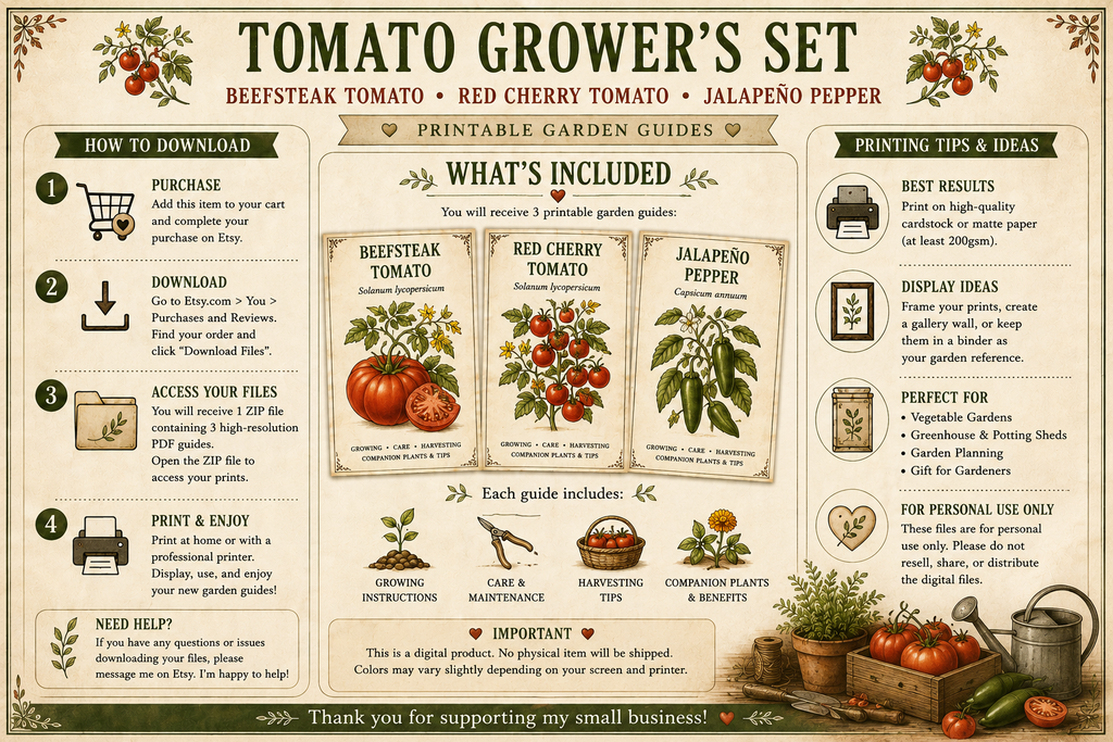 Tomato Grower's Set | Beefsteak Tomato, Cherry Tomato & Jalapeño Pepper | Garden Printable Guides