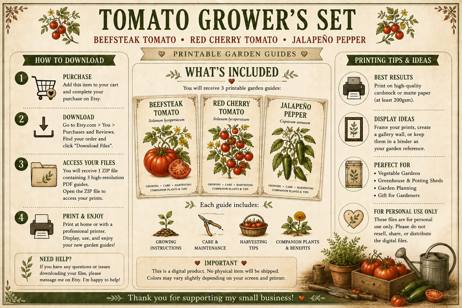 Tomato Grower's Set | Beefsteak Tomato, Cherry Tomato & Jalapeño Pepper | Garden Printable Guides