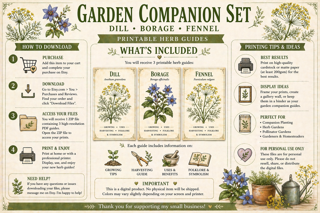 Companion Planting Guide,Dill, Borage, Fennel Herb Prints • (Instant Download)