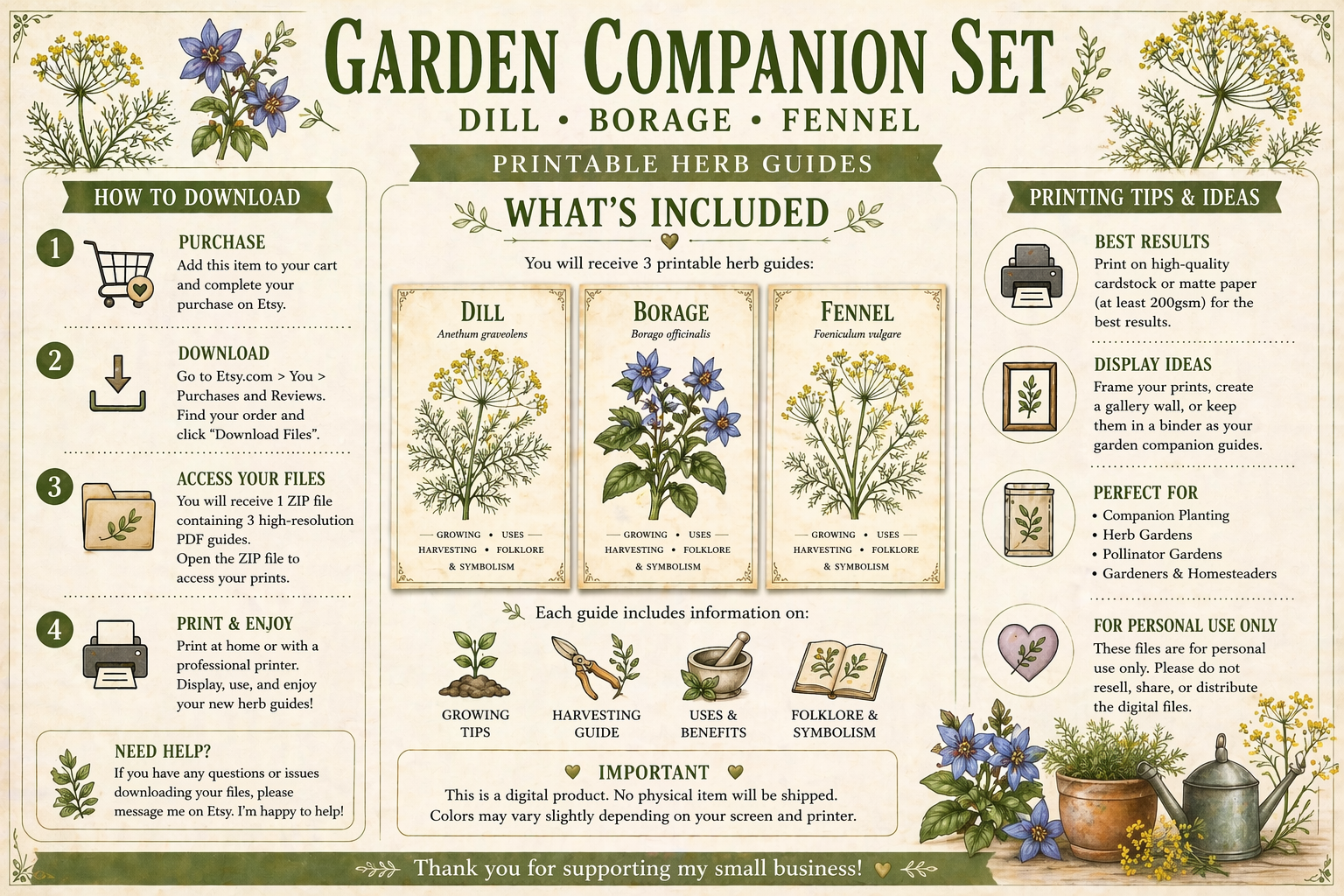 Companion Planting Guide,Dill, Borage, Fennel Herb Prints • (Instant Download)
