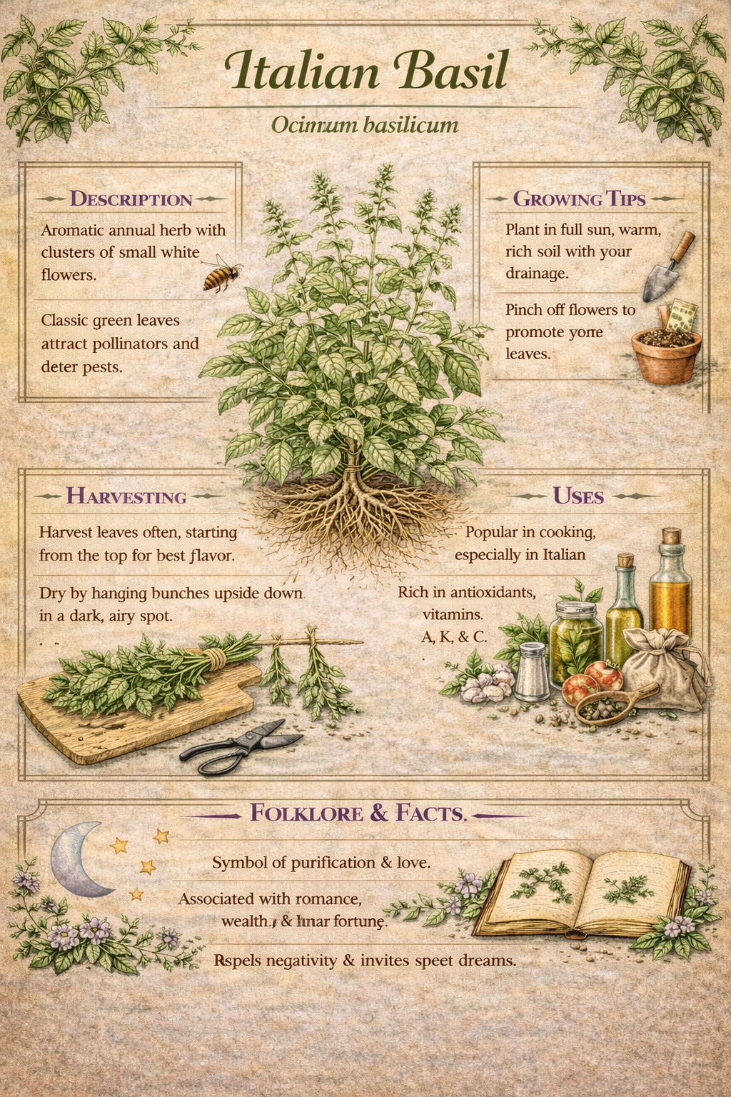 Basil Herb Guide Print Set • Italian, Thai, Purple Botanical Art (Instant Download)