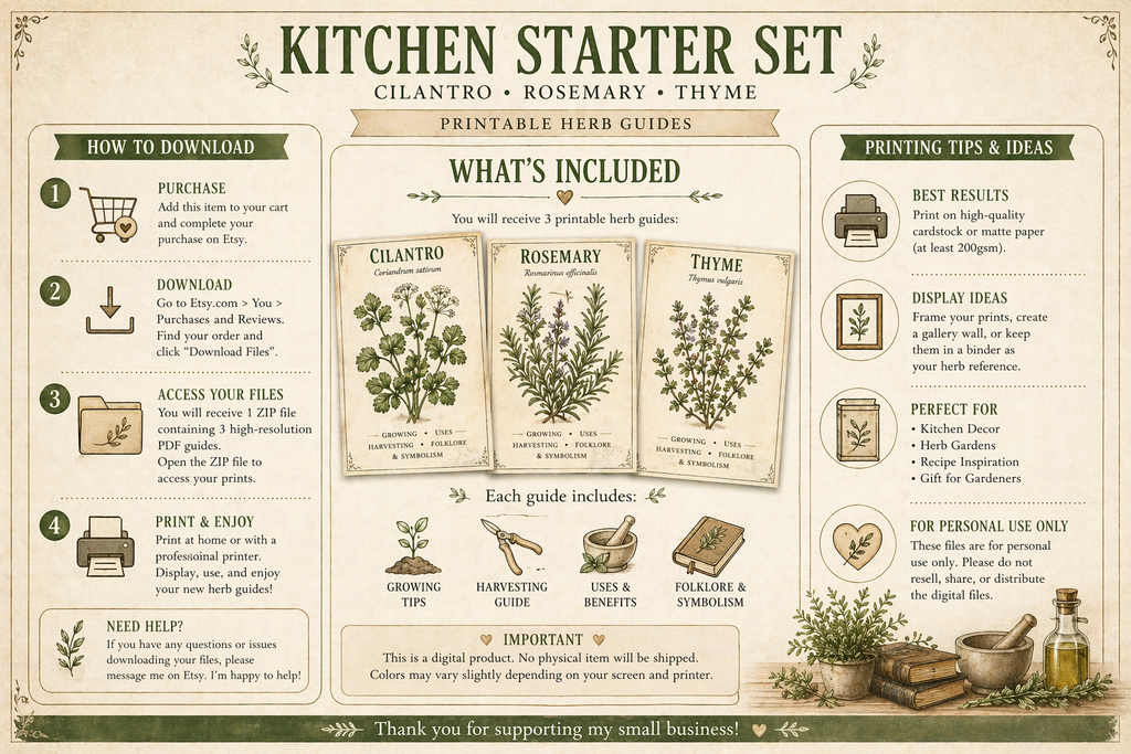 Kitchen Herb Prints • Cilantro, Rosemary, Thyme Botanical Wall Art (Digital Download)