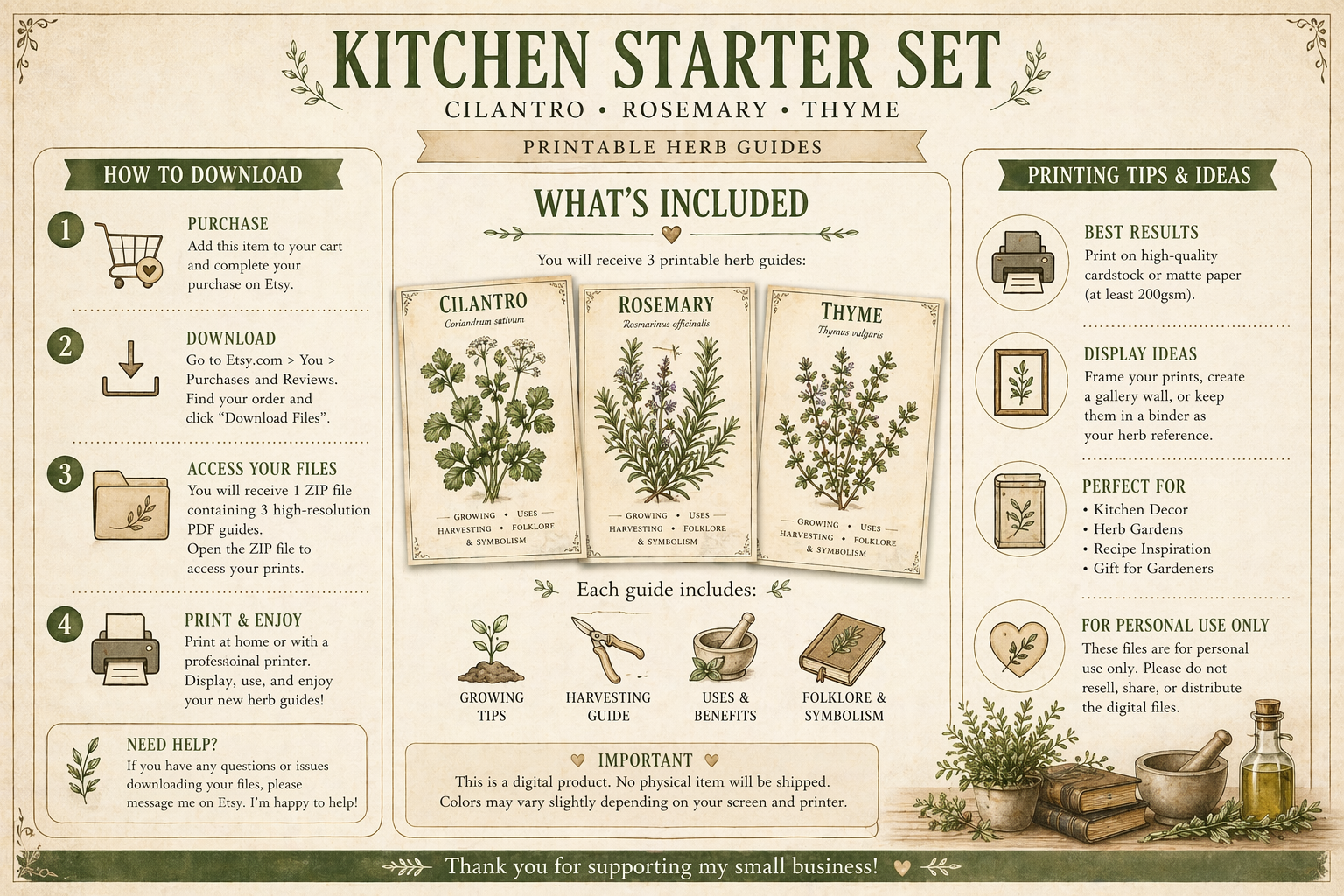 Kitchen Herb Prints • Cilantro, Rosemary, Thyme Botanical Wall Art (Digital Download)