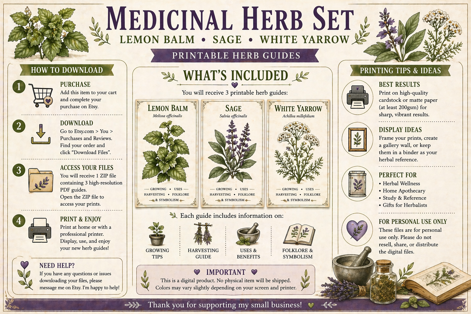 Medicinal Herb Printable Set • Lemon Balm, Sage, Yarrow • Apothecary Wall Art (Instant Download)