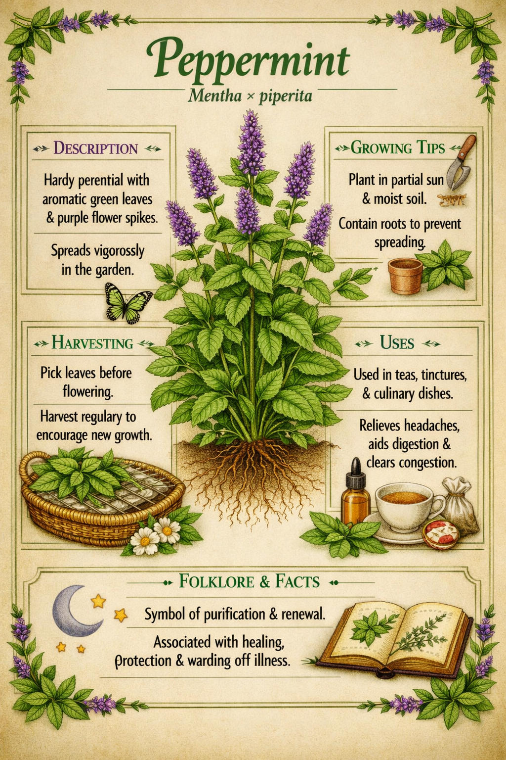 Mint Collection Botanical Guides | Mountain Mint, Peppermint & Lemon Mint | Herbal Garden Printable Bundle