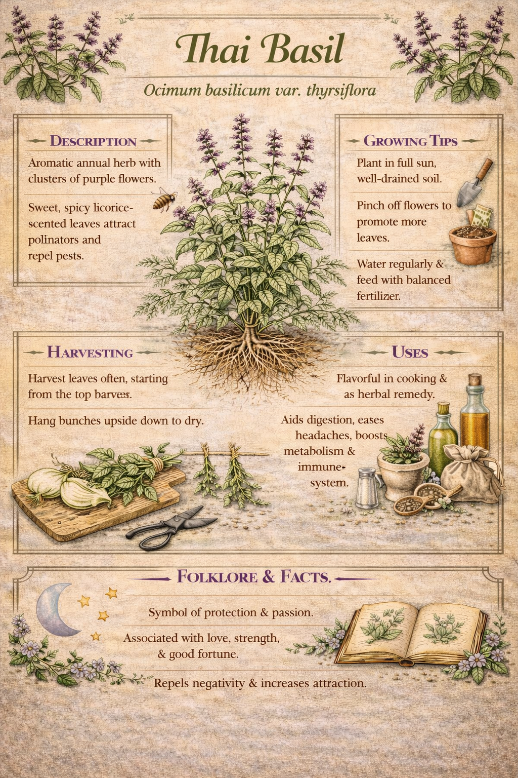 Basil Herb Guide Print Set • Italian, Thai, Purple Botanical Art (Instant Download)