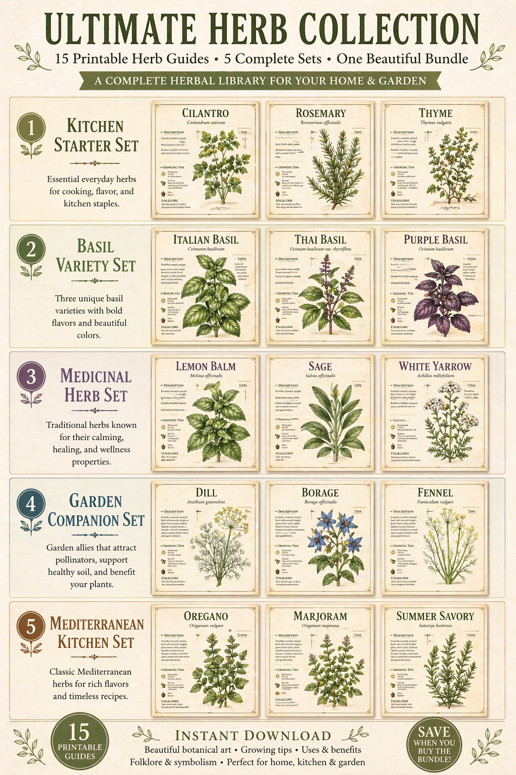 15 Printable Herb Guides • Botanical Prints, Apothecary Wall Art (Instant Download)