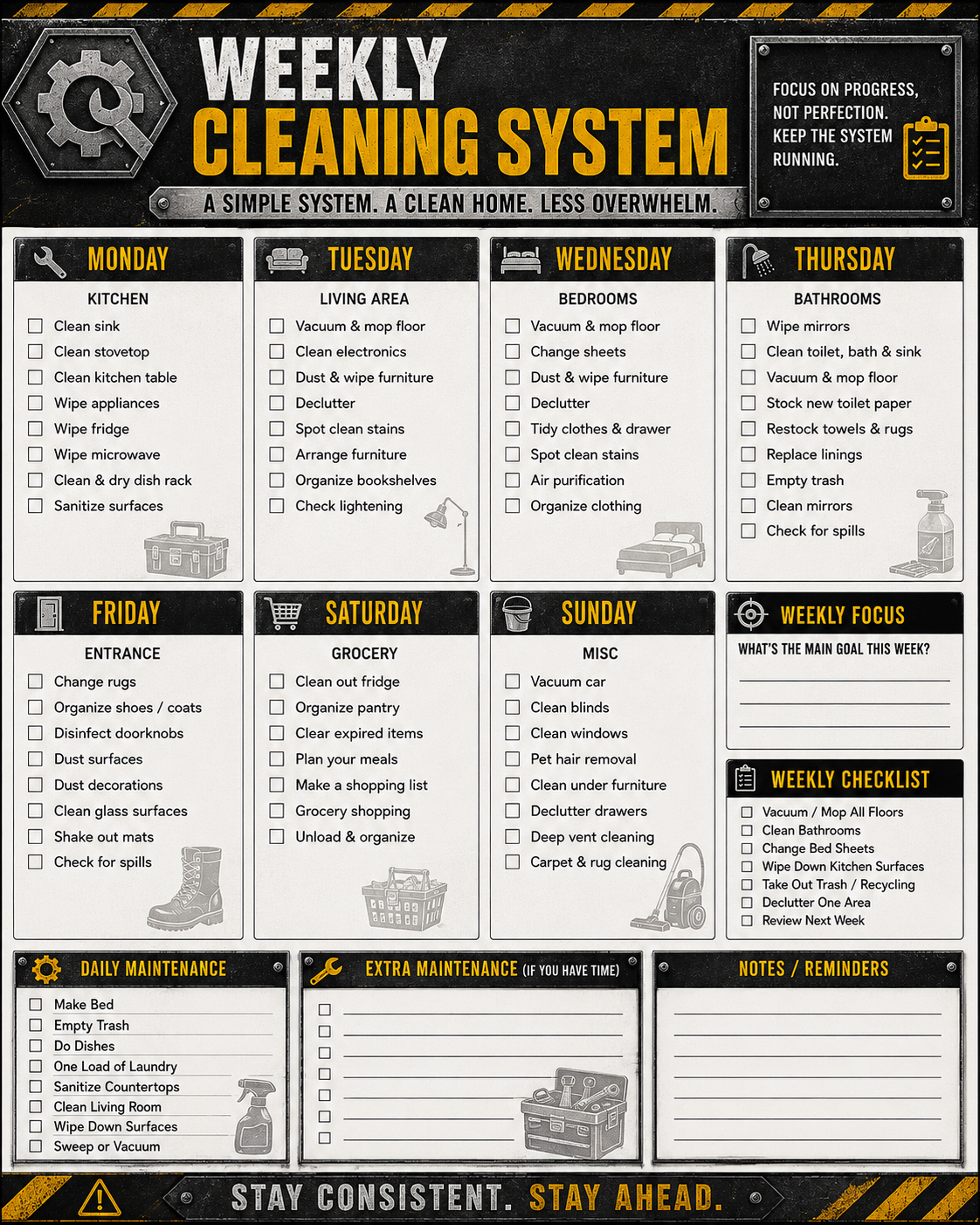 ADHD Cleaning Planner for Men | Industrial Cleaning System | Printable Deep Clean Checklist Bundle